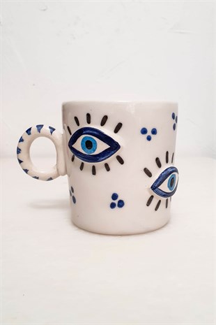 Göz Figürlü Nazar Kahve Fincanı - El Yapımı Seramik