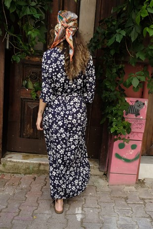 Lacivert Mini Çiçekli Kimono Elbise ÇKE217