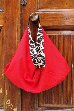 Leopar Desenli Çanta - Çift Taraflı Kullanılabilir Bohça - Kırmızı