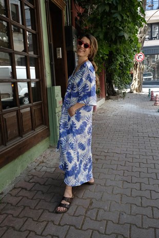 Mavi - Beyaz Çiçekli Kimono Elbise ÇKE219