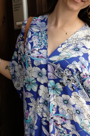 Mavi Çiçekli Kimono Elbise ÇKE216