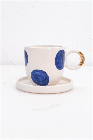 Puanlı Türk Kahvesi Fincanı - Seramik - El Yapımı - Mavi Puanlı