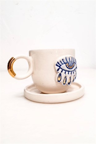 Ra' nın Gözü Kahve Fincanı - 24K altın Detaylı - El Yapımı Seramik