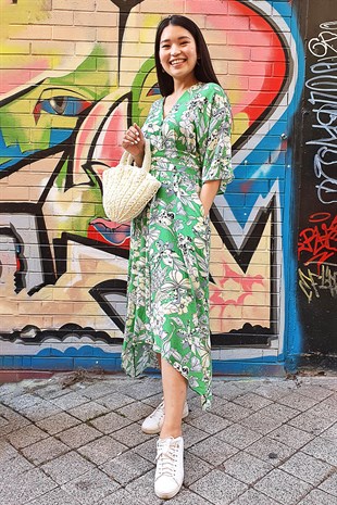 Yeşil Çiçekli Kimono Elbise ÇKE214
